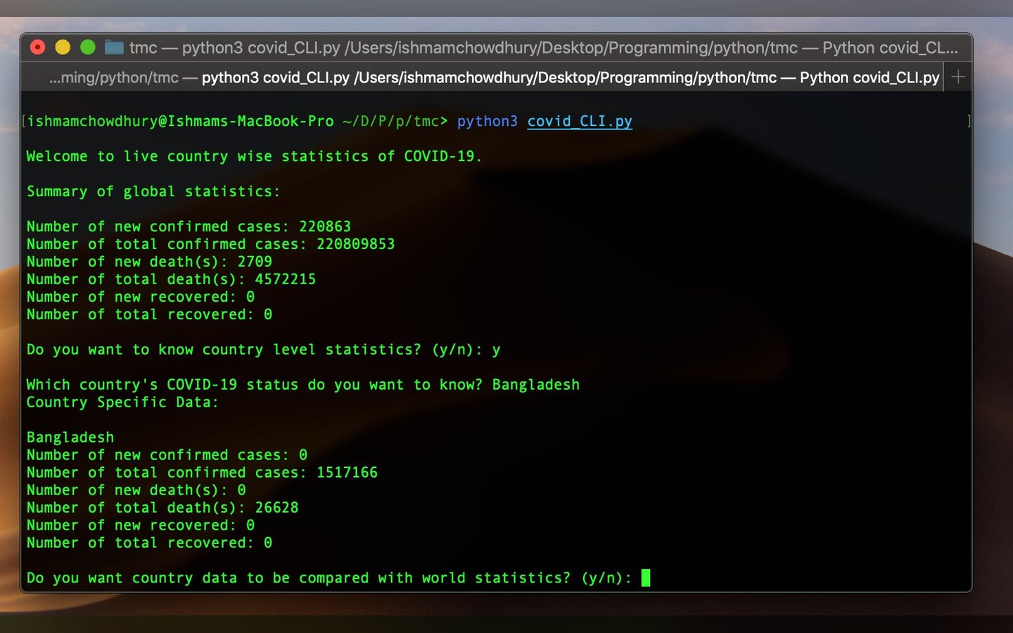 COVID Stats Bot - the CLI proof of concept, 2021